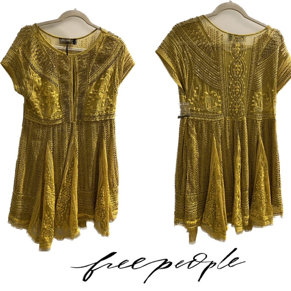NWT Free People Yellow Beaded And Embroidered Dress
